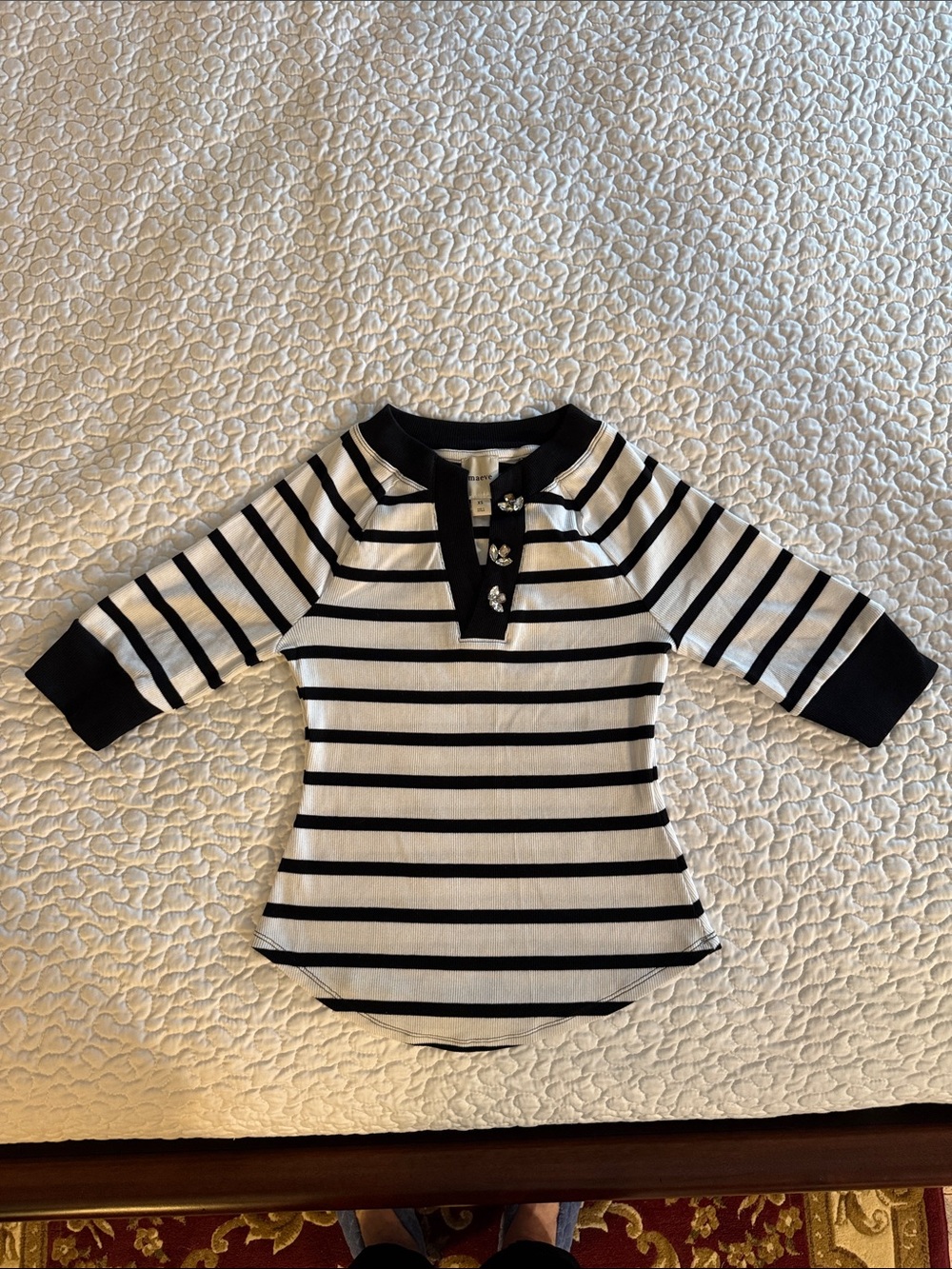 Maeve Anthropologie Striped Ribbed Jeweled Button Henley Top XS EUC